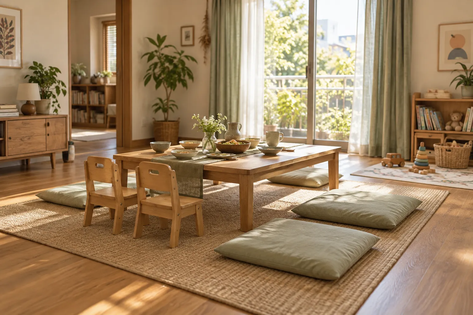 小さな椅子と座布団を用意した明るい部屋のイメージ