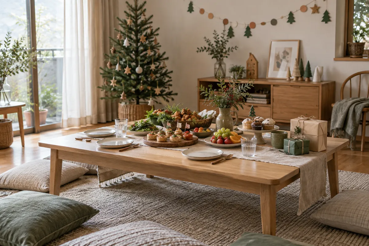 クリスマスの飾りと食事、プレゼントを用意した子連れの集まりのイメージ