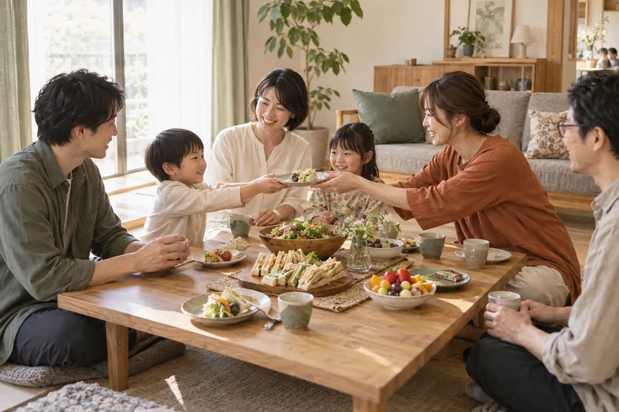 食卓を囲む家族の持ち寄り会のイメージ