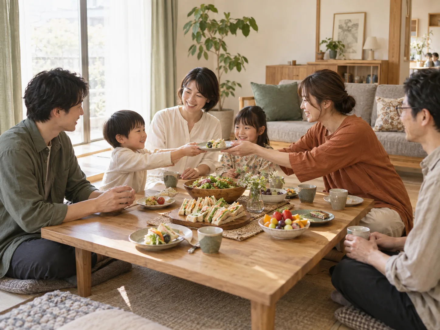 明るい部屋で食卓を囲む、大人と子どもの持ち寄り会のイメージ
