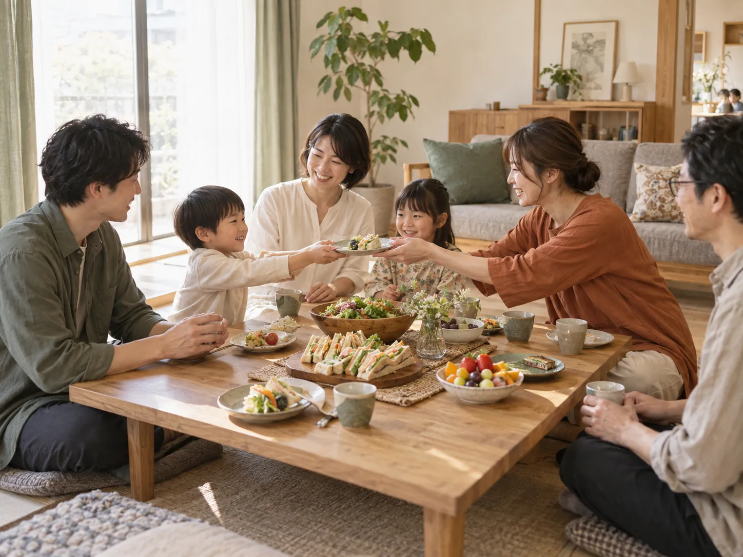 食卓を囲む家族の持ち寄り会のイメージ